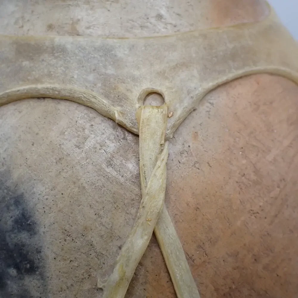 Large Rawhide Laced Clay Olla Tarahumara Style Southwest Pottery 14in